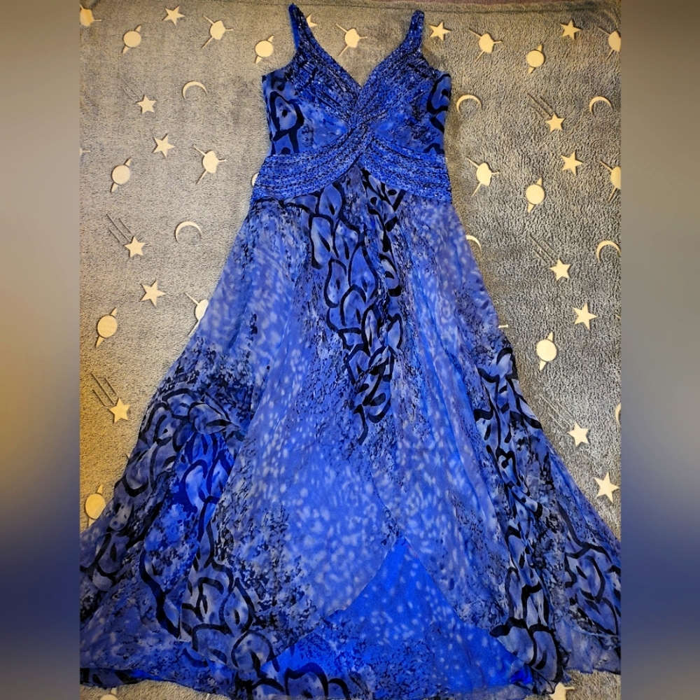 Alberto Makali Strapless Beaded Black Blue Formal Ball Gown Dress